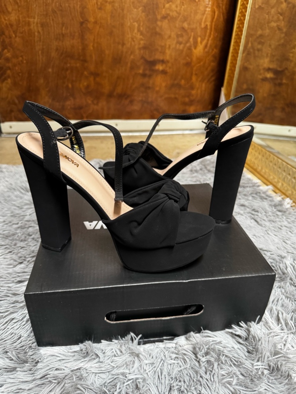 Fashion Nova Black Knot-Front Platform Slingback Heels